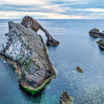 Looking down on Bow and Fiddle Rock, Scotland, UK, United Kingdom
