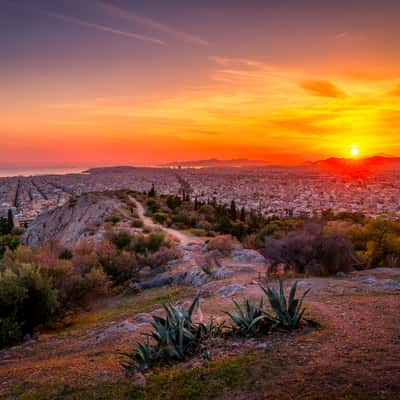 Sunset over Athens from Philopappos Hill, Greece