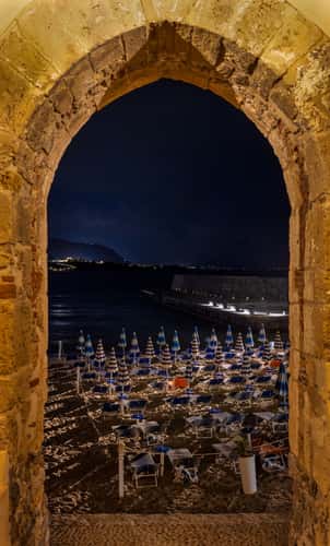 Blue hour beach setup Cefalu, Sicily