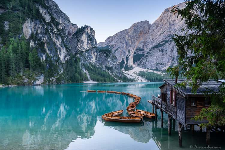 Wooden house on Lago Braies in Dolomites