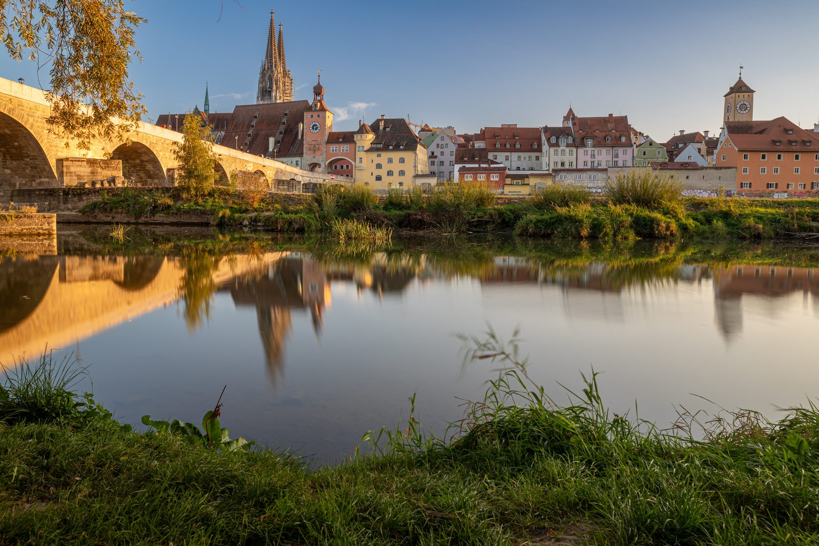 View of Regensburg from 'Oberer Wöhrd' island, Germany