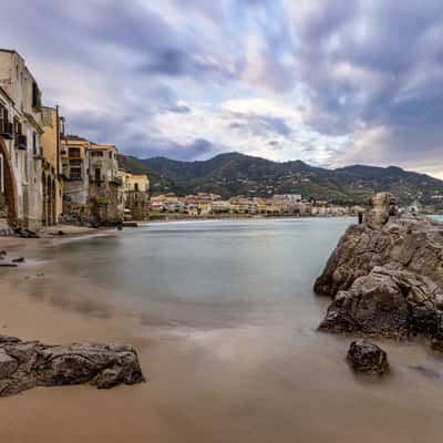 Beach old city sunrise Cefalu, Sicily, Italy