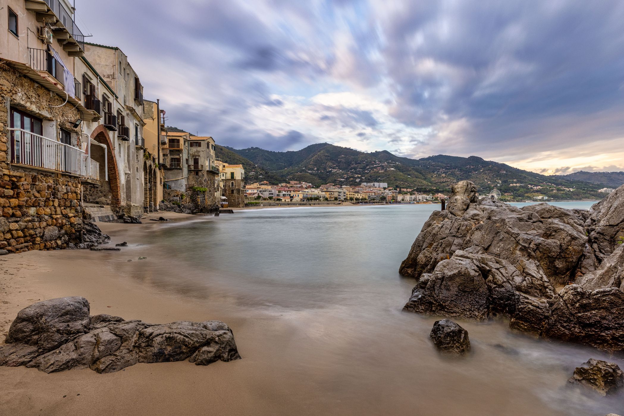 Beach old city sunrise Cefalu, Sicily, Italy
