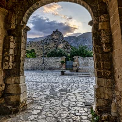 Door to the town square,  Scopello, Sciliy, Italy