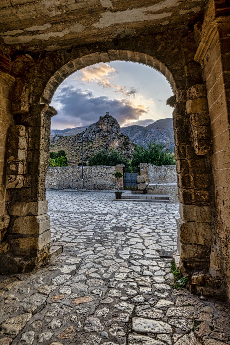 Door to the town square,  Scopello, Sciliy, Italy