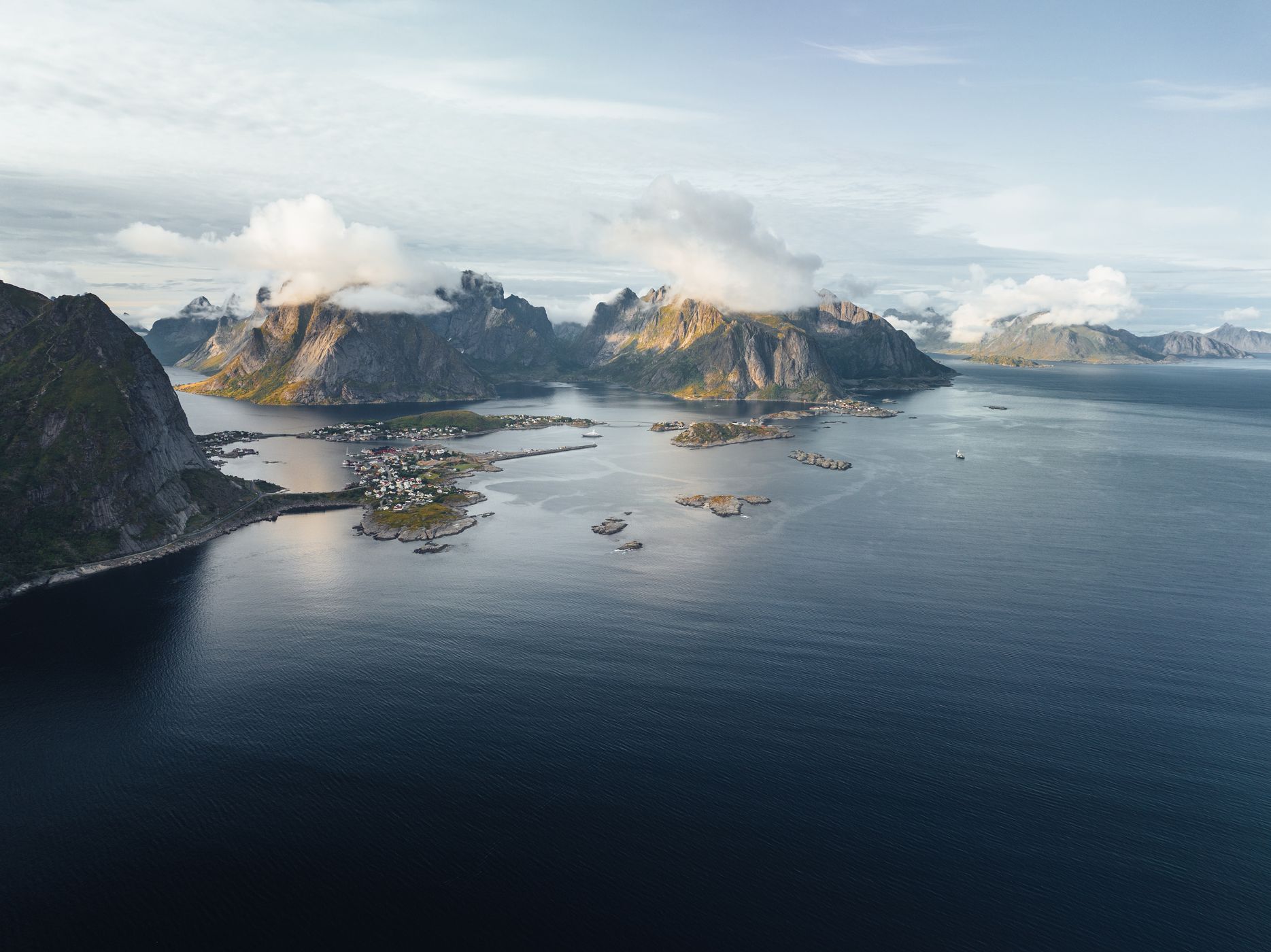 Southern drone view of Reine, Lofoten, Norway