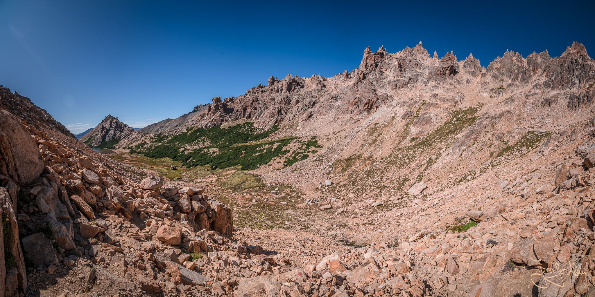 Looking back to Laguna Toncek from the mountains peak, Argentina