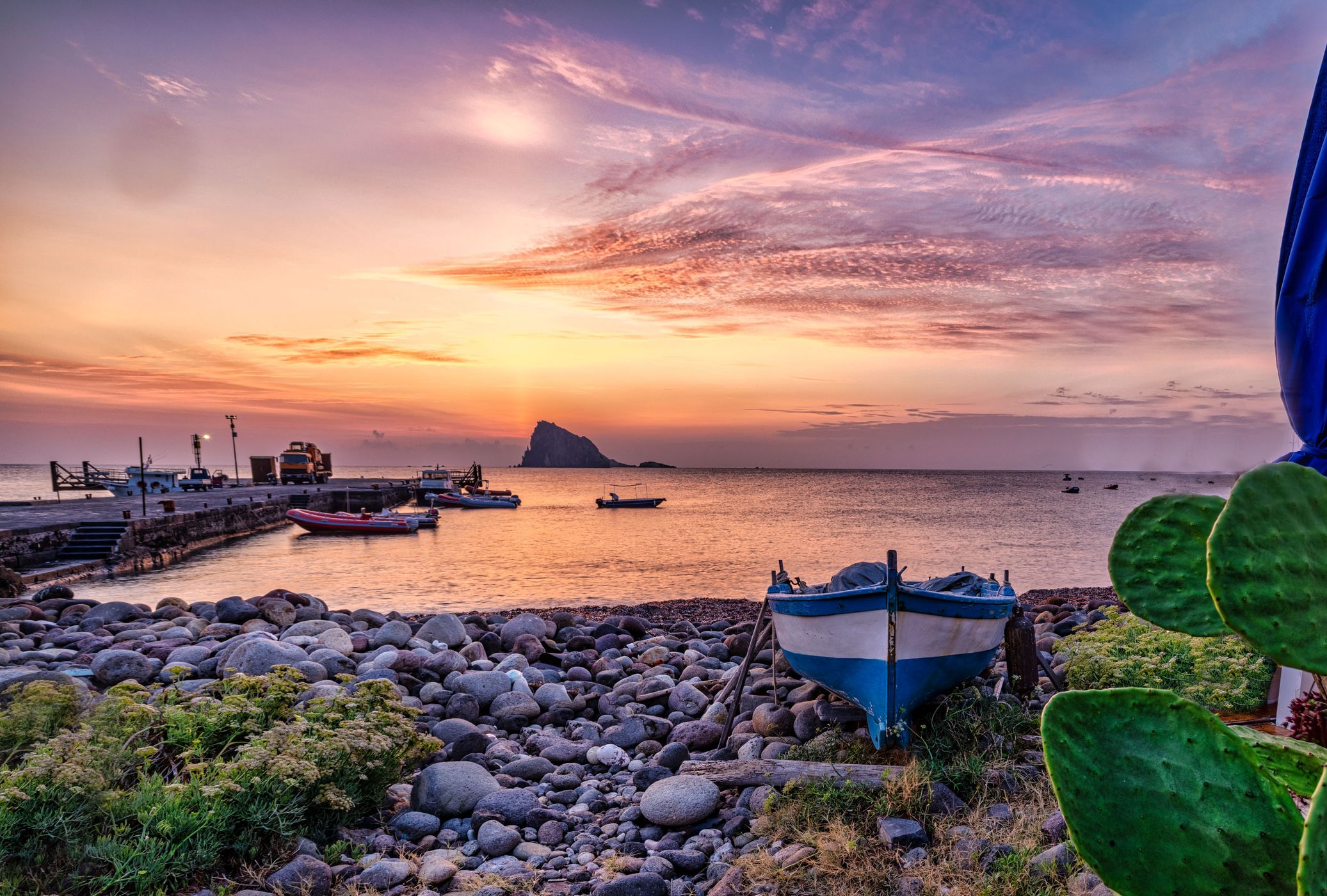 Panarea fishing boats sunrise Italy, Italy