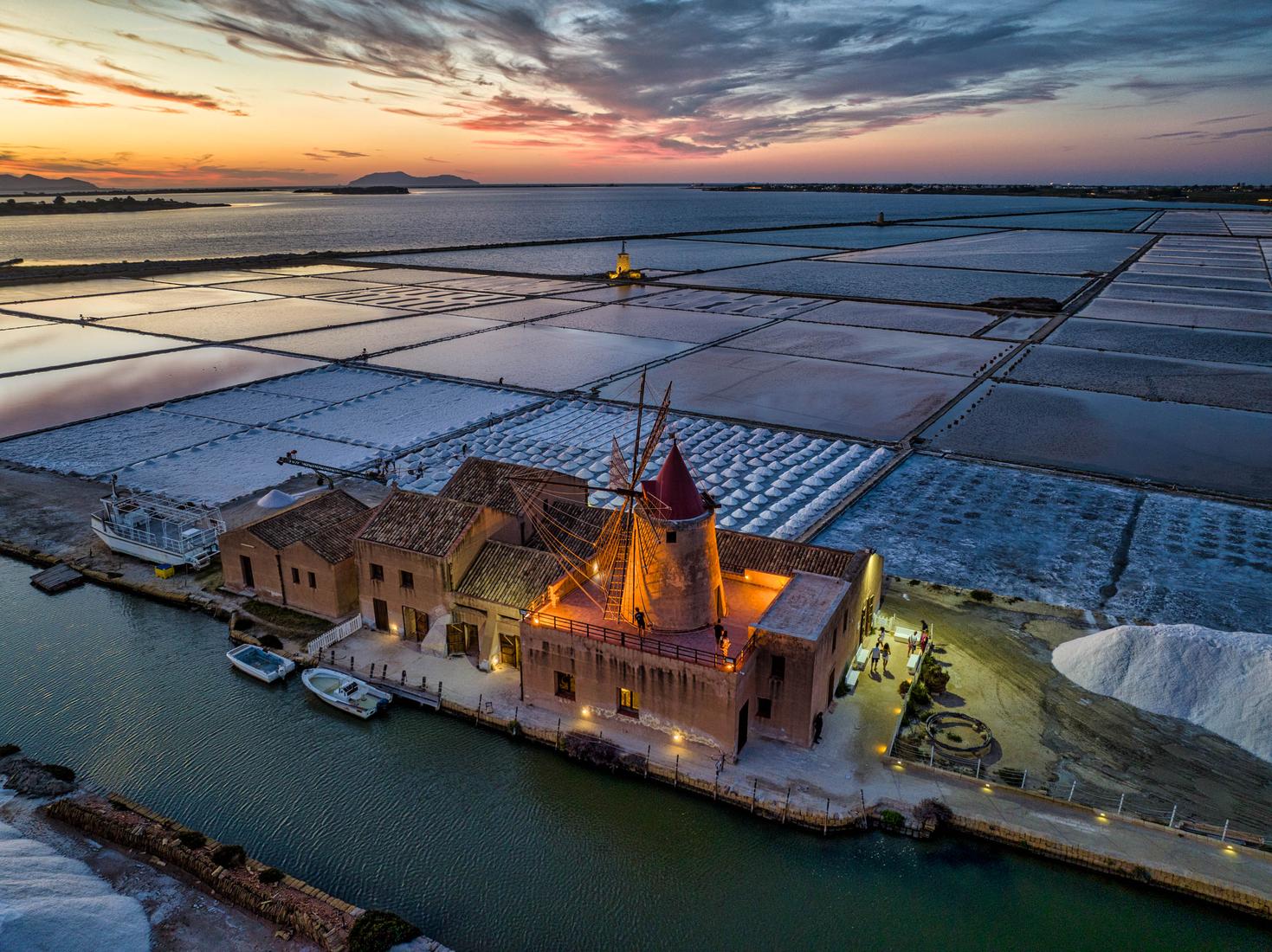 Windmill sunset Salt Pans, Marsala, Sicily, Italy