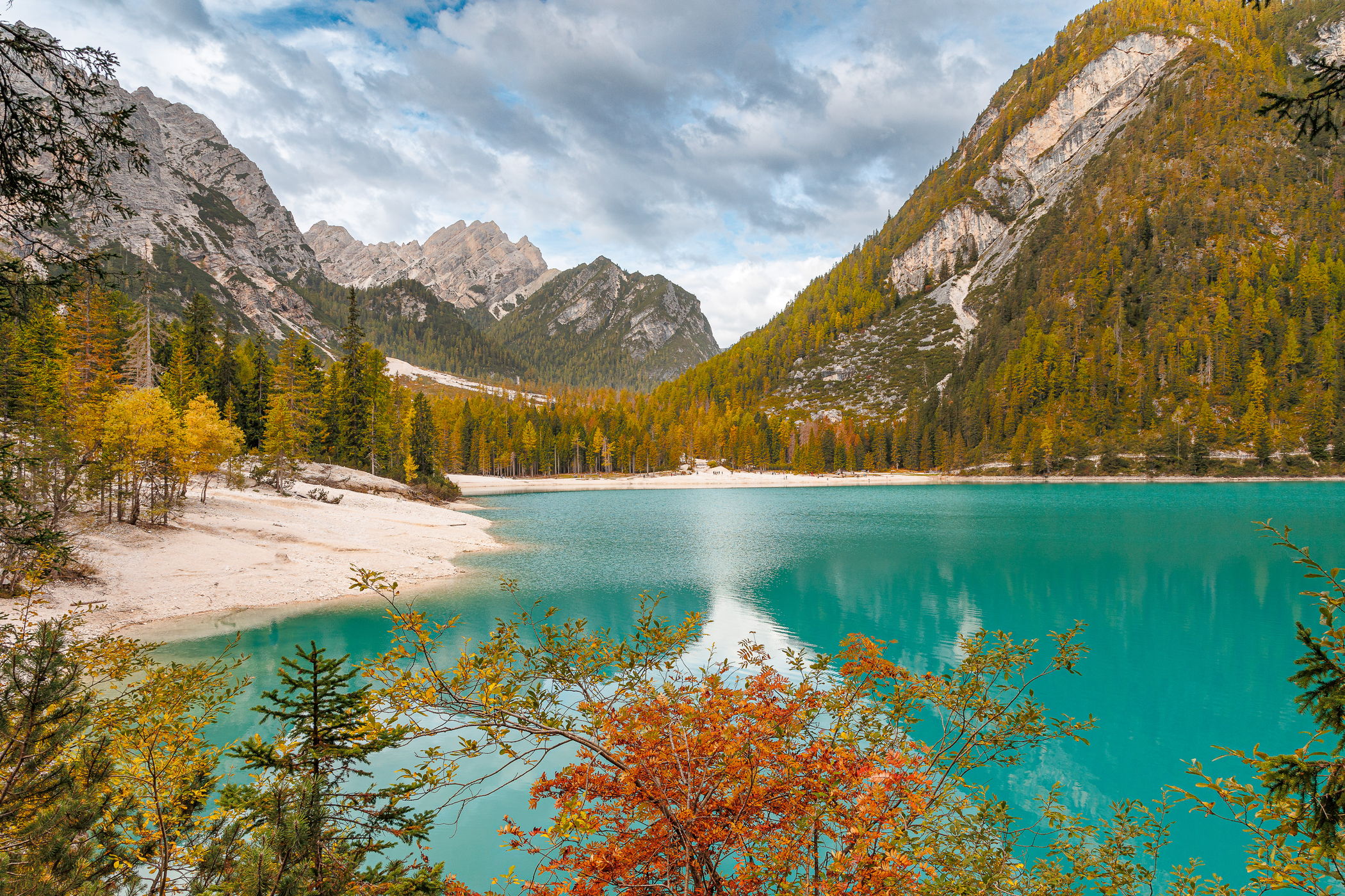 View from the Pier at Lago di Braies Prager Wildsee, Dolomites, Italy
