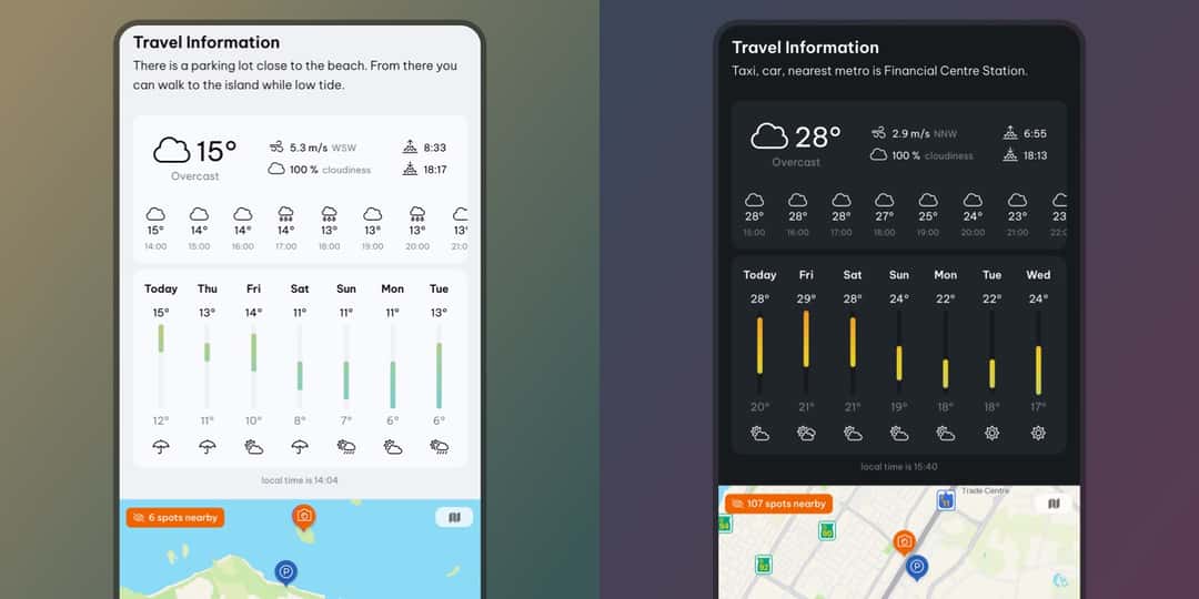 The new weather feature in the iOS and Android app, beautifully designed to look great in light and dark mode to match your preference.