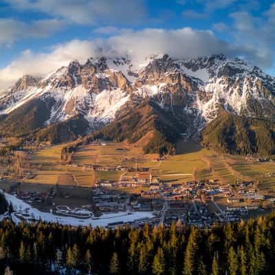 Spring view of the valley and Dachstein mountain., Austria