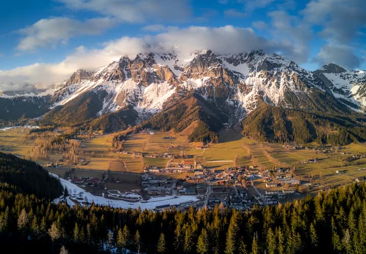 Spring view of the valley and Dachstein mountain.