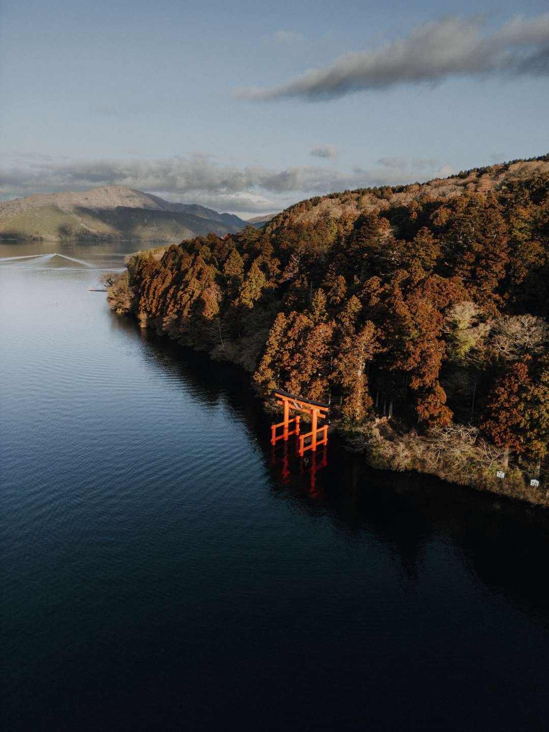 Get the exact geo-position for this spot: Hakone Shrine vs. Mt. Fuji at Lake Ashi