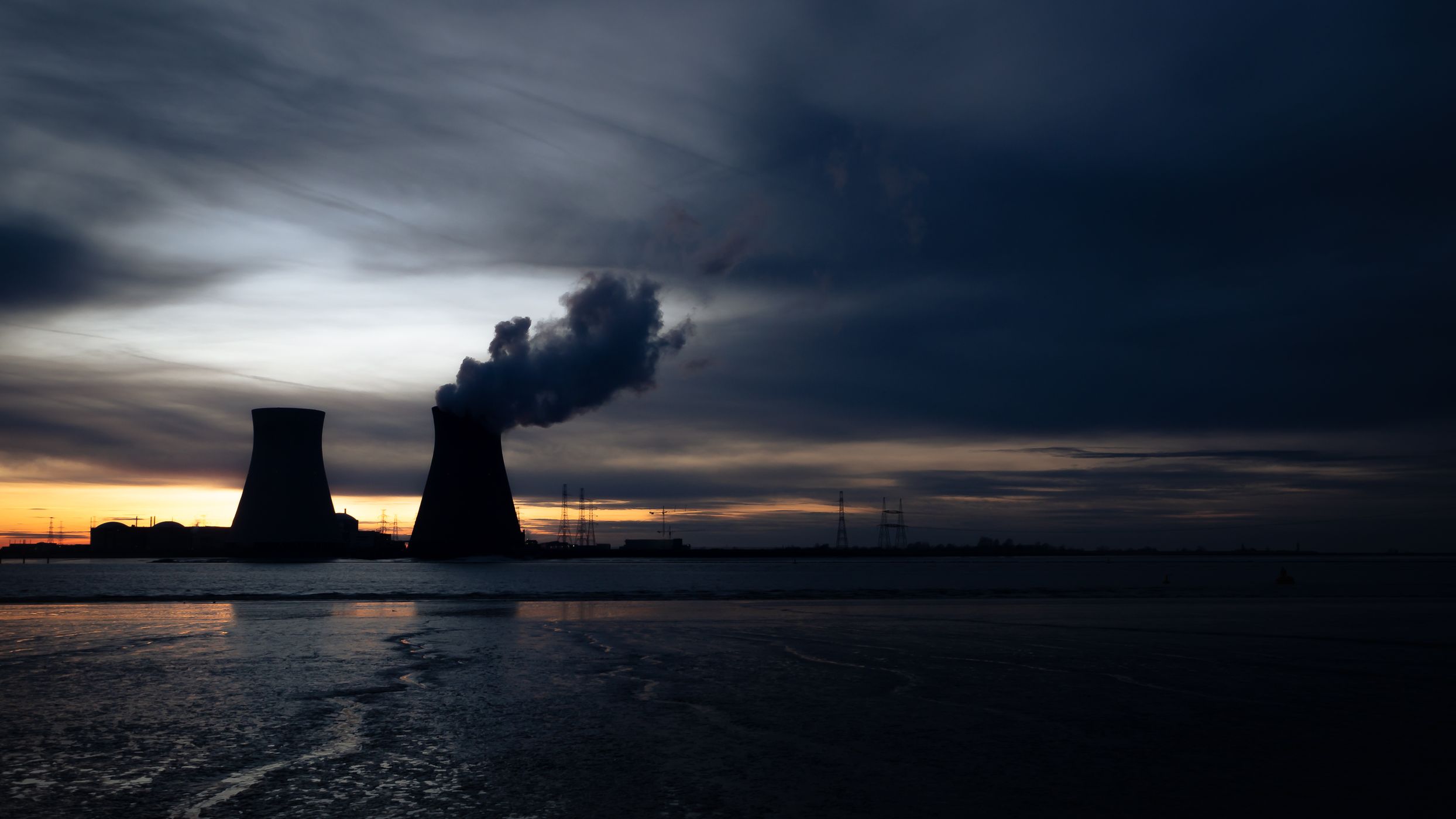 Sunset behind the nuclear power plant, Antwerp, Belgium