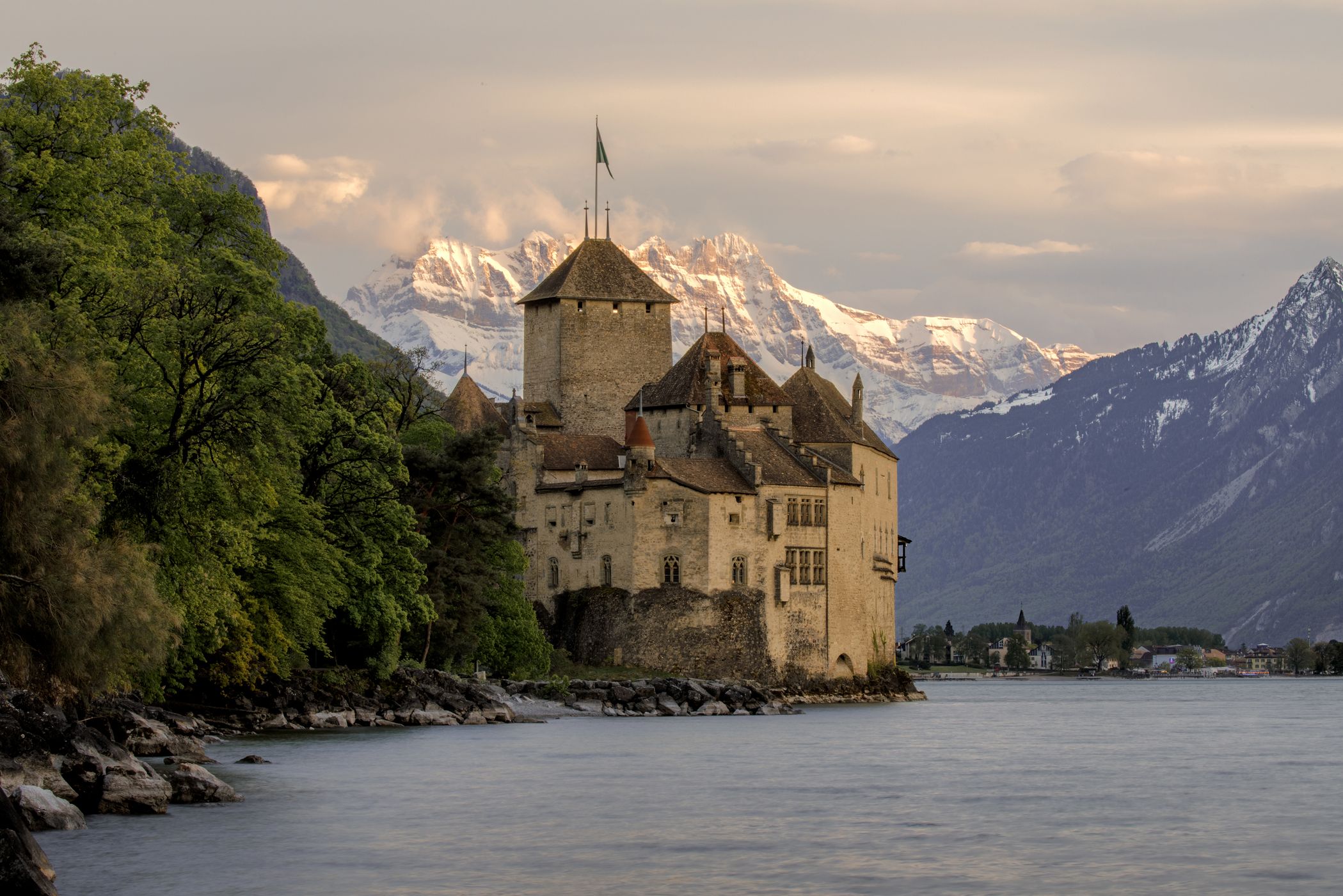 Chillon Castle (Château de Chillon) from nearby north bank, Switzerland