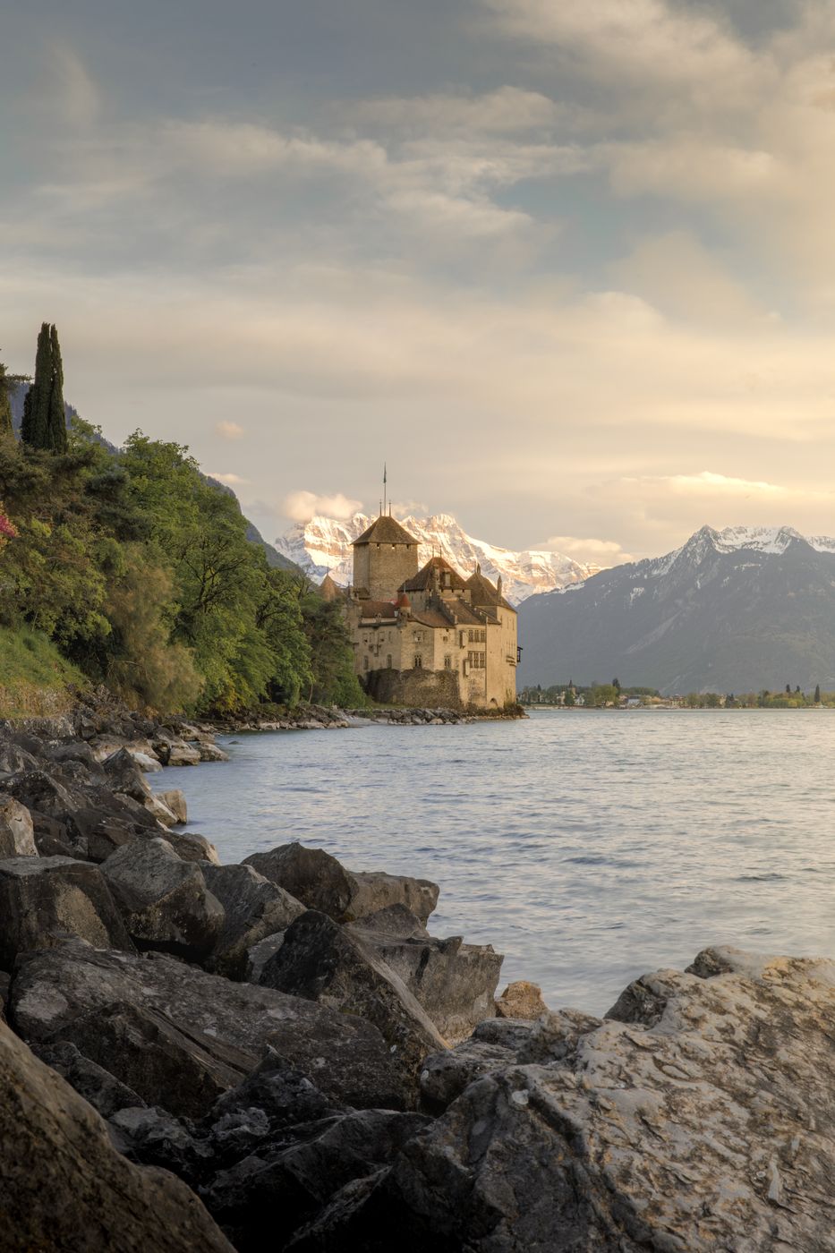 Chillon Castle (Château de Chillon) from nearby north bank, Switzerland