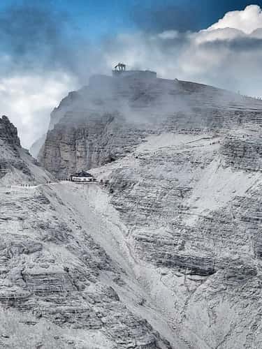 View of Rifugio Forcella Pordoi and Sasso Pordoi