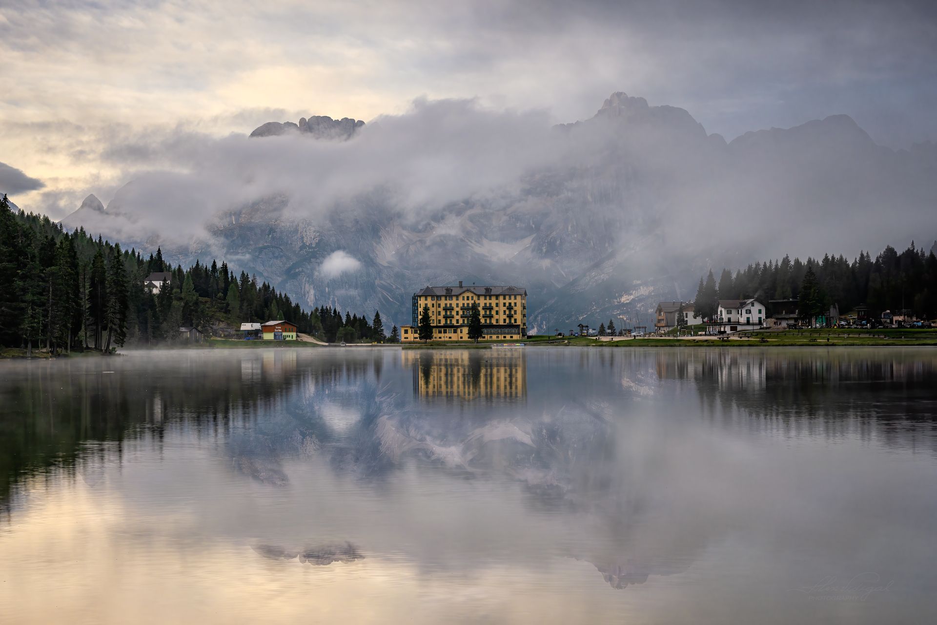 Hotel at Lake Misurina, Dolomites, Italy