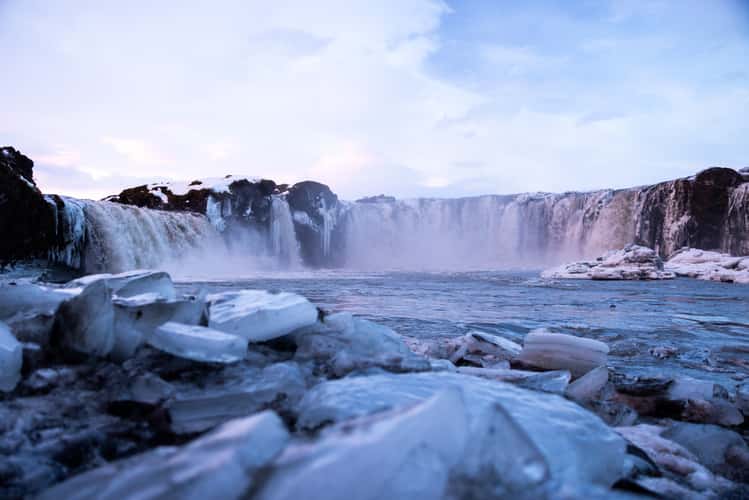 Goðafoss Waterfall at river level, Iceland