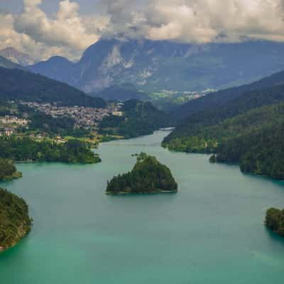 Panoramic view from Parco Roccolo over Lake of Cadore., Italy