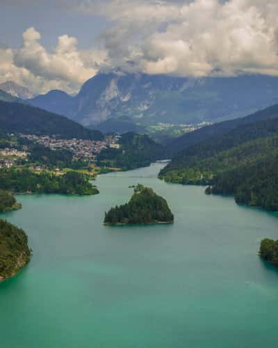 Panoramic view from Parco Roccolo over Lake of Cadore.