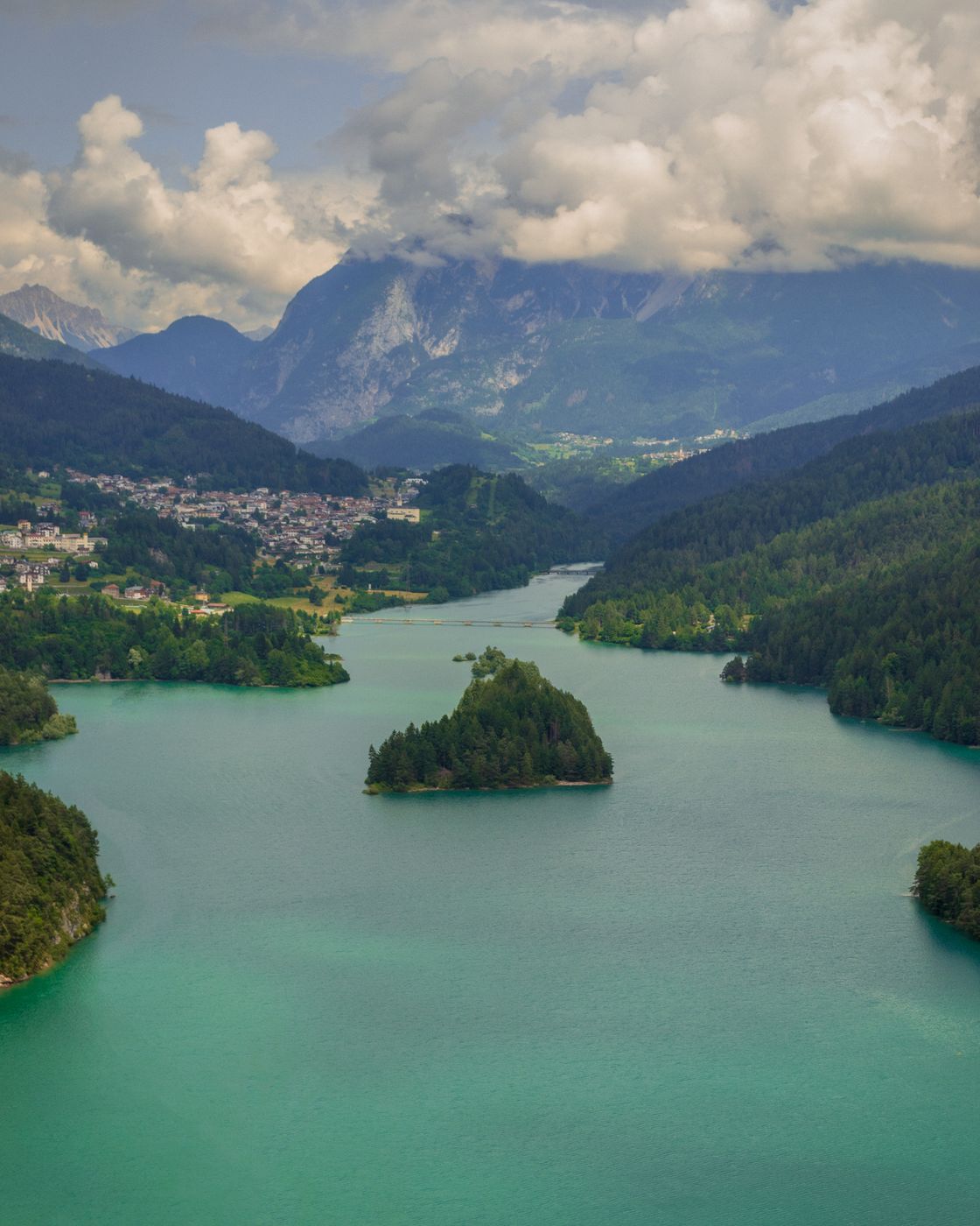 Panoramic view from Parco Roccolo over Lake of Cadore., Italy