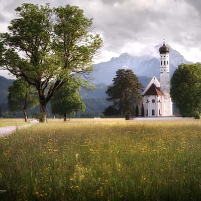 St. Coloman Church with Neuschwanstein, Bavaria, Germany