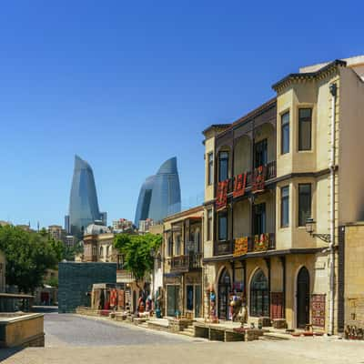 View of Baku flame towers from the Old City, Azerbaijan