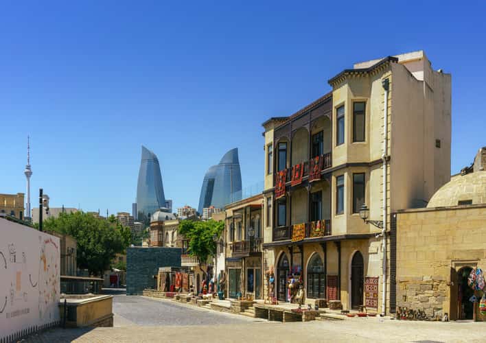 View of Baku flame towers from the Old City