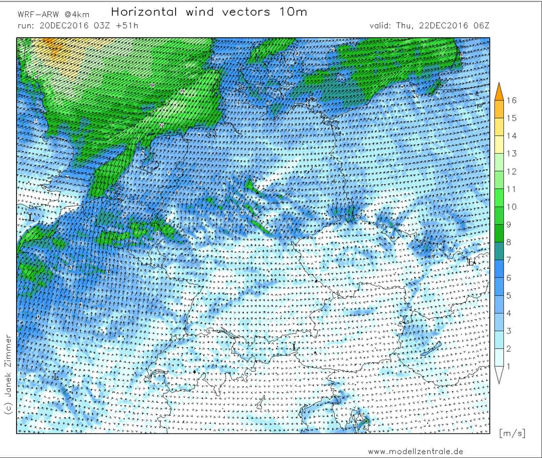 This map shows the strength of the wind within a layer of 10 m above the surface.