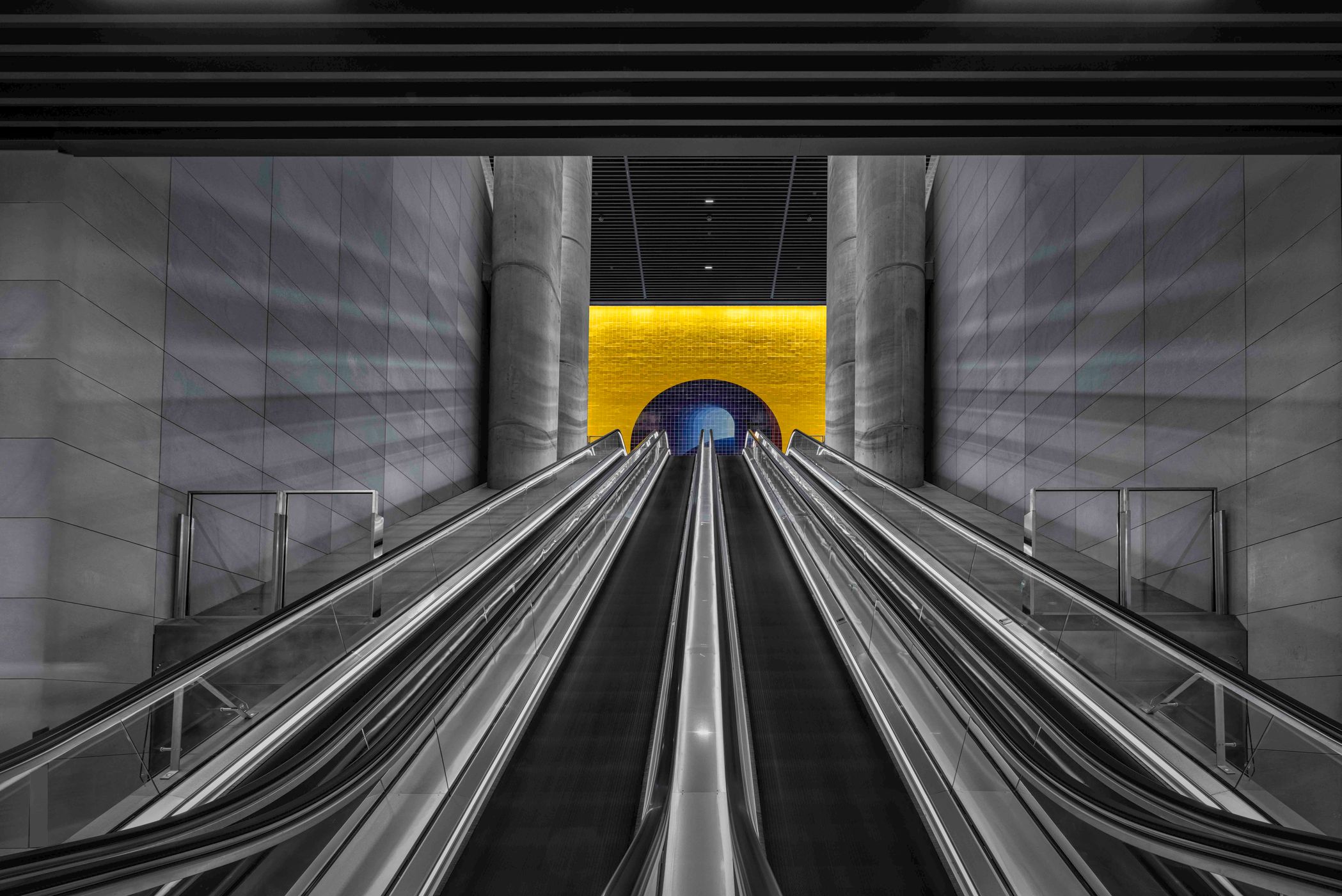 Artwork at top of Escalator, Gadigal Station, Sydney, Australia
