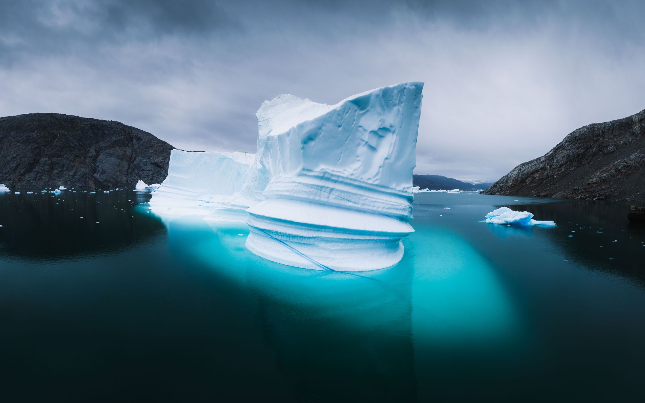 Icebergs around glacier front, Sermilik, Greenland