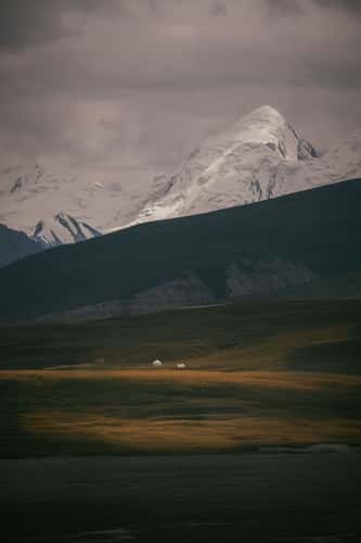 Lonely yurt before Tien-Shan mountain range, Sary-Jaz