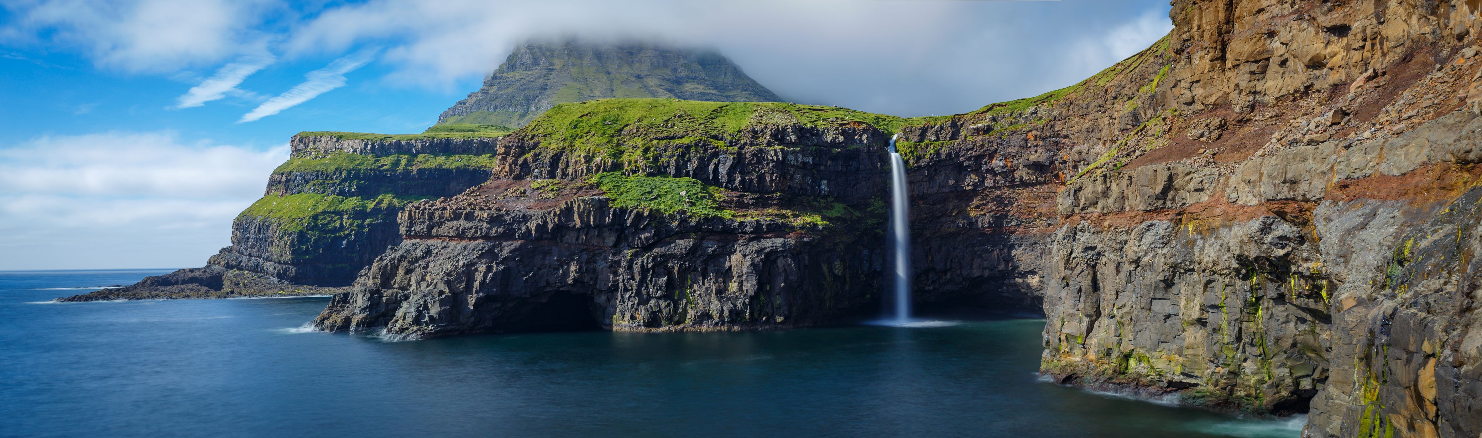 Múlafossur from sea level, Faroe Islands