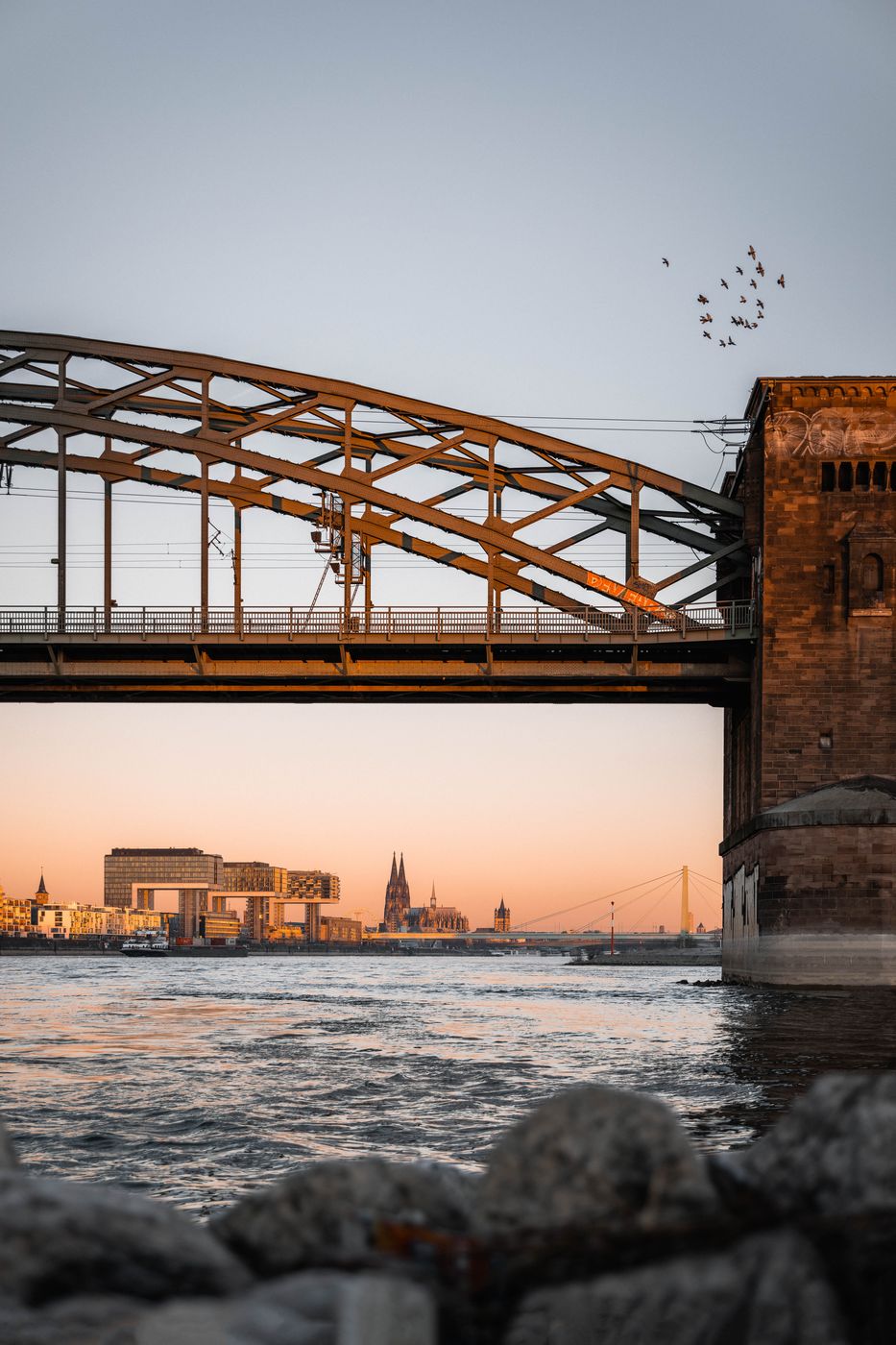 City panorama behind Southbridge, Cologne, Germany