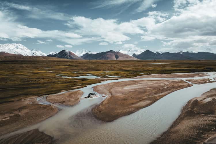 Glacier river crossing, Kakschaaltoo Mountain Range
