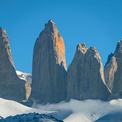 View across Laguna Azul to the Torres del Paine, Chile