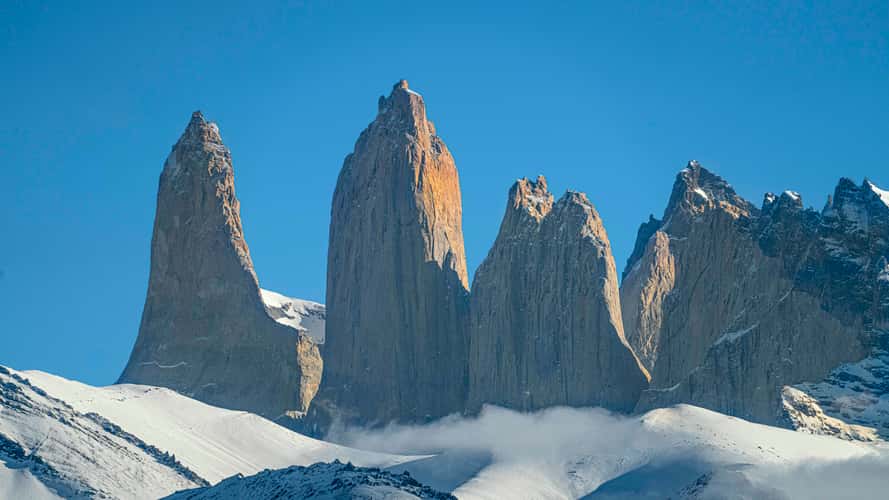 View across Laguna Azul to the Torres del Paine
