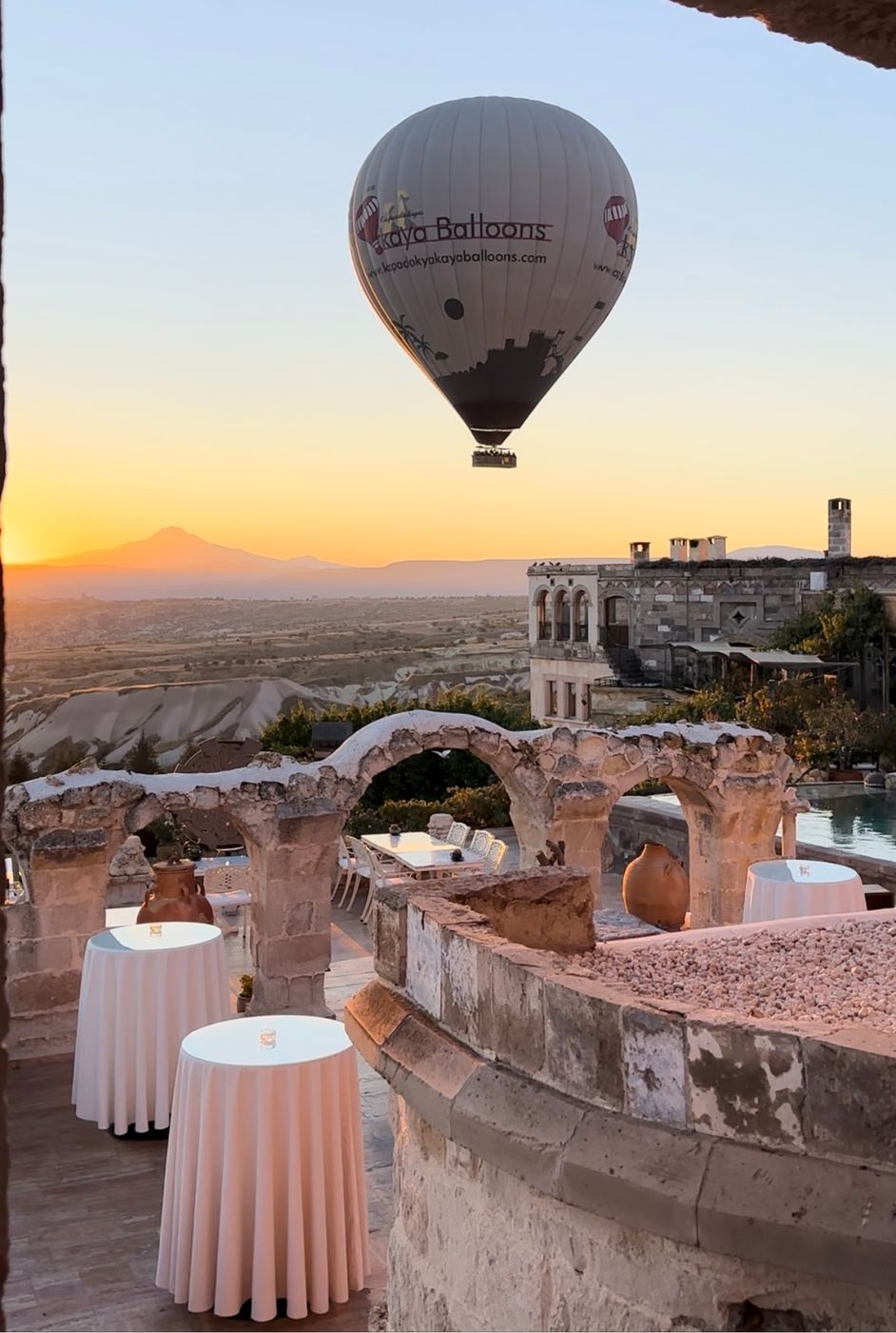 Sunrise balloons with coffee, Turkey (Türkiye)