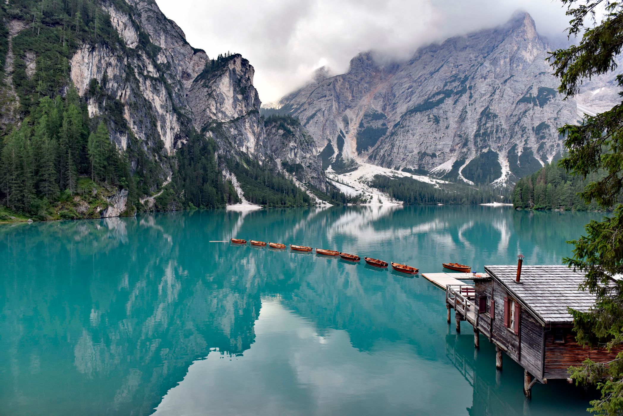 View from the Pier at Lago di Braies Prager Wildsee, Dolomites, Italy