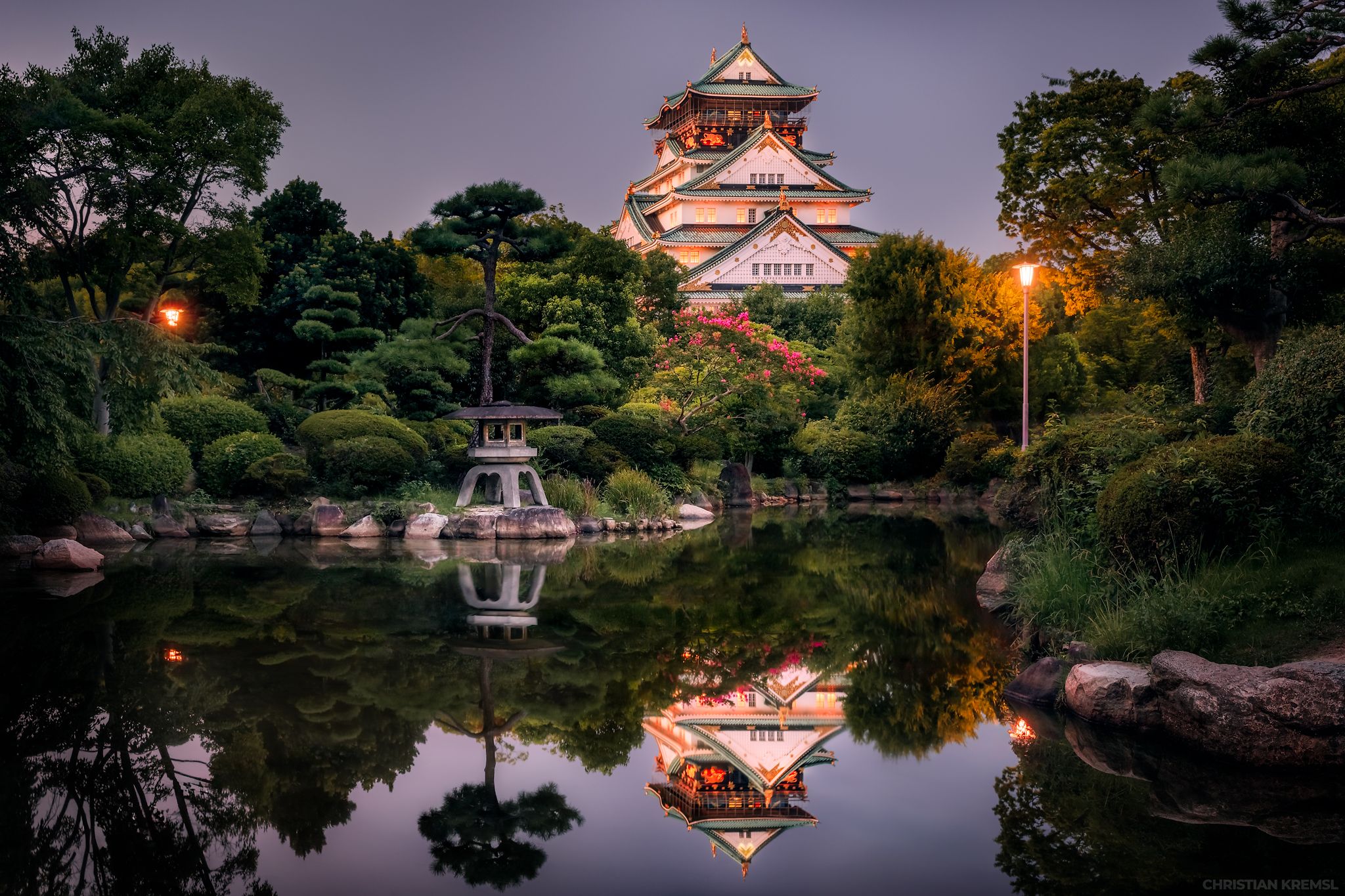 Zen garden shot of Osaka Castle, Japan