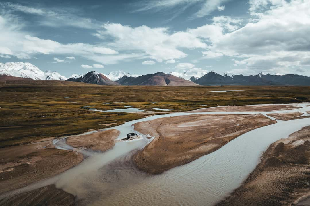 Get the exact geo-position for this spot: Glacier river crossing, Kakschaaltoo Mountain Range