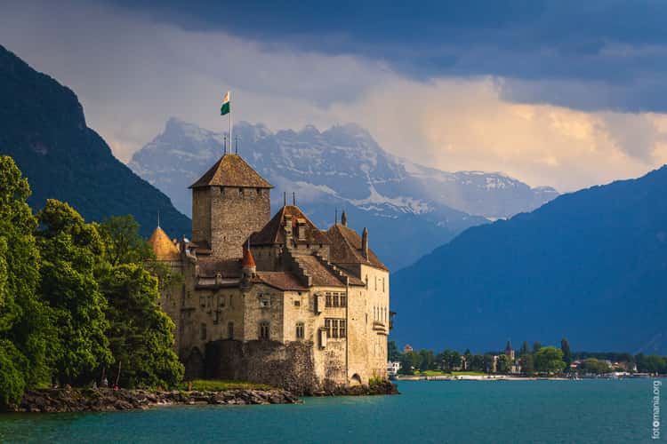 Chillon Castle (Château de Chillon) from nearby north bank