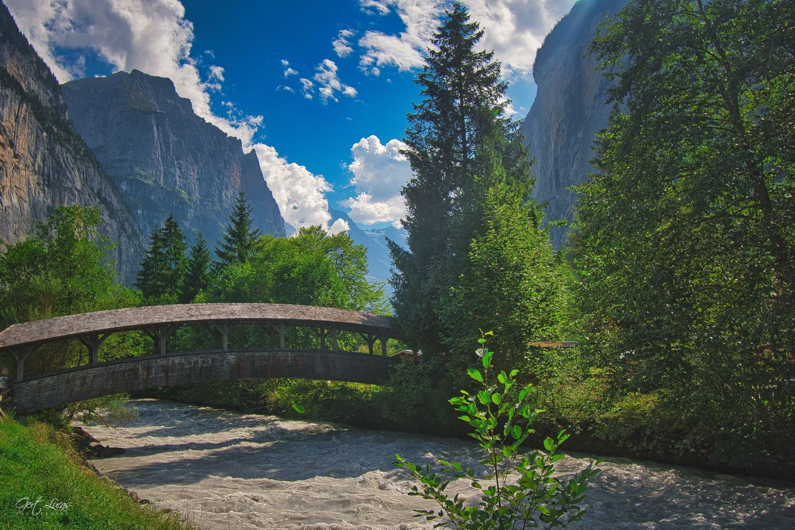 Covered Wooden Bridge over the Weisse Lütschine, Switzerland