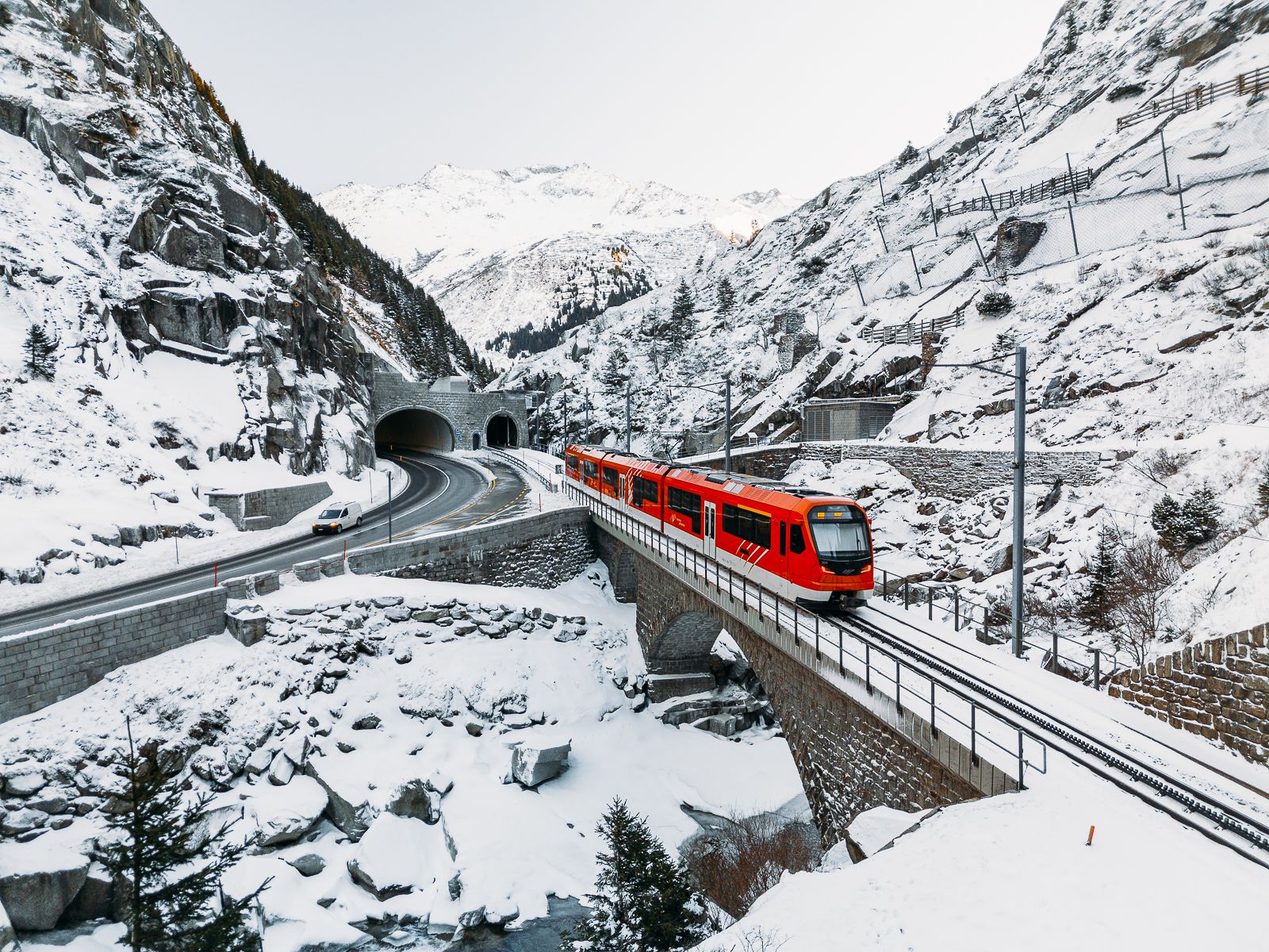 Gotthard Railroad Devilsbridge (Drone), Switzerland