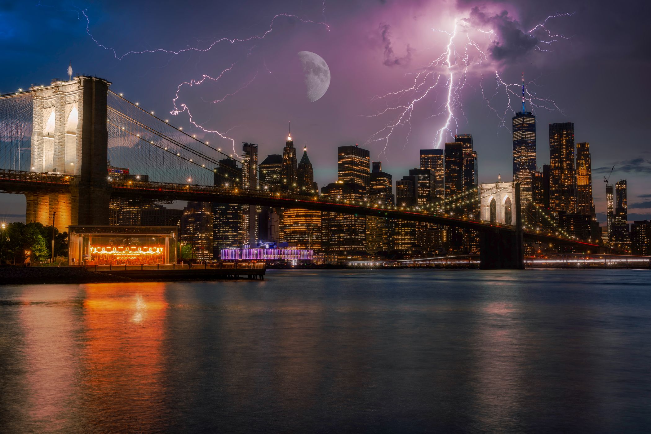 Brooklyn Bridge skyline from Pebble Beach, New York City, USA