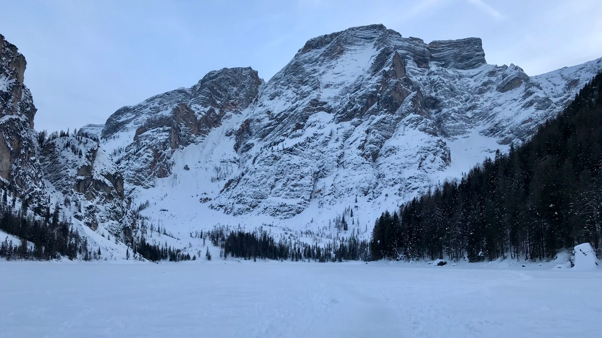 View from the Pier at Lago di Braies Prager Wildsee, Dolomites, Italy