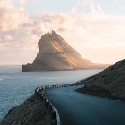 Road shot of Tindhólmur, Faroe Islands