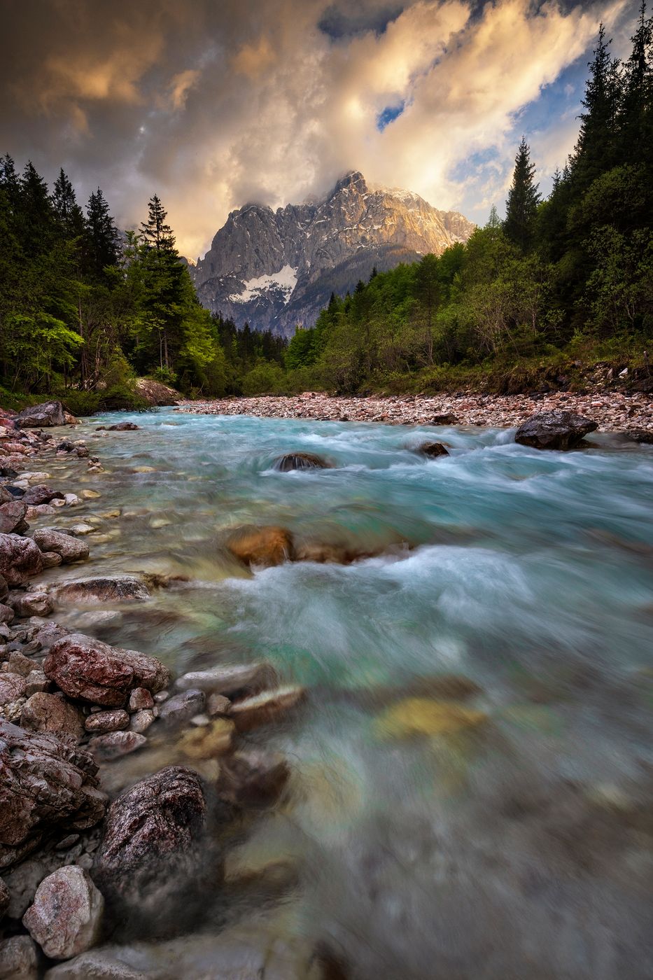 View of Prisank peak with Pišnica river, Slovenia